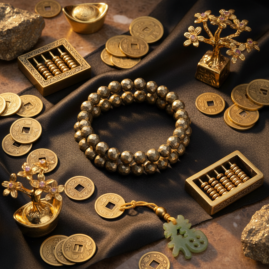 Pyrite bracelet with prosperity symbols - abundance and financial success theme