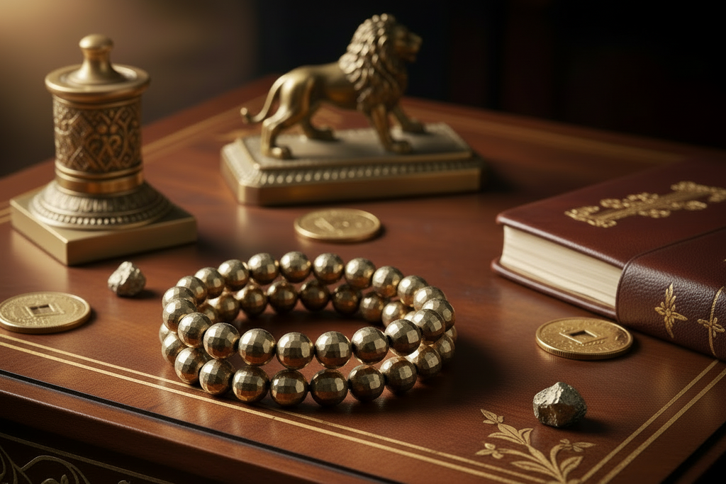 Pyrite bracelet close-up on wooden desk - luxury wealth aesthetic