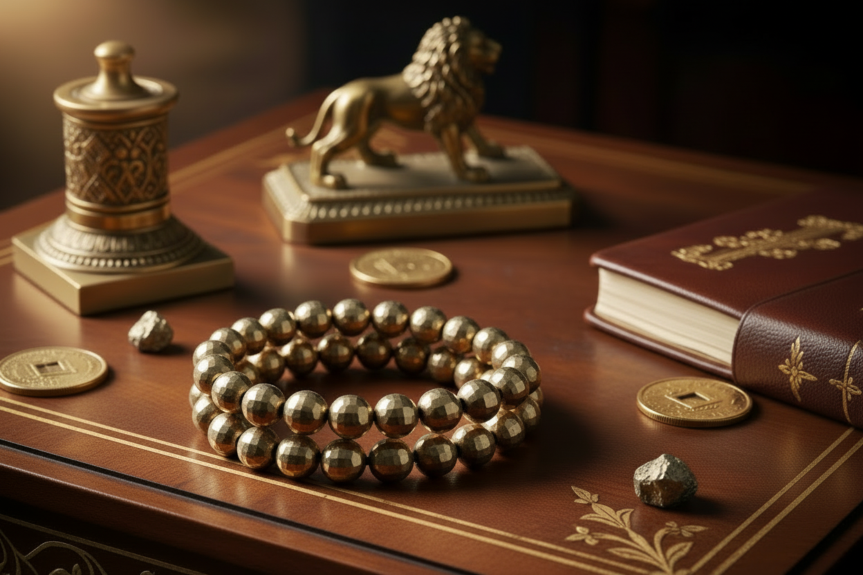Pyrite bracelet close-up on wooden desk - luxury wealth aesthetic